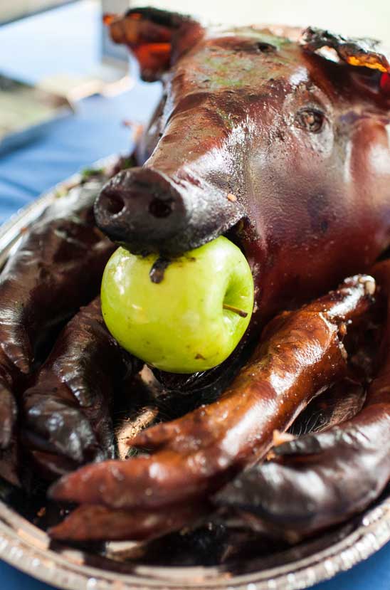 An applewood smoked and roasted whole pig rests on a platter at a Churchill Events New England Pig Roast. Photo Courtesy of Andree Kehn Photography http://andreekehn.com 